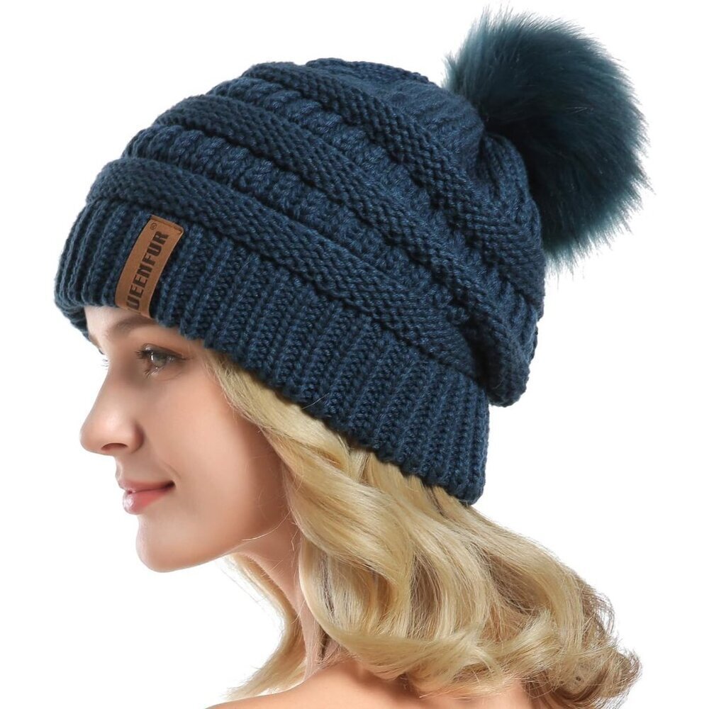 Women Dark Teal Soft Acrylic Thick Baggy Knit Winter Faux Fur Pompom Beanie